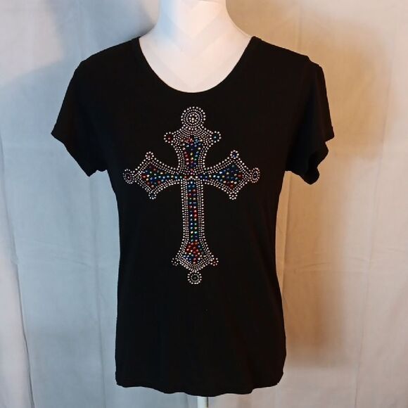 Black Rhinestone Cross Women's Tee - Picture 1 of 5